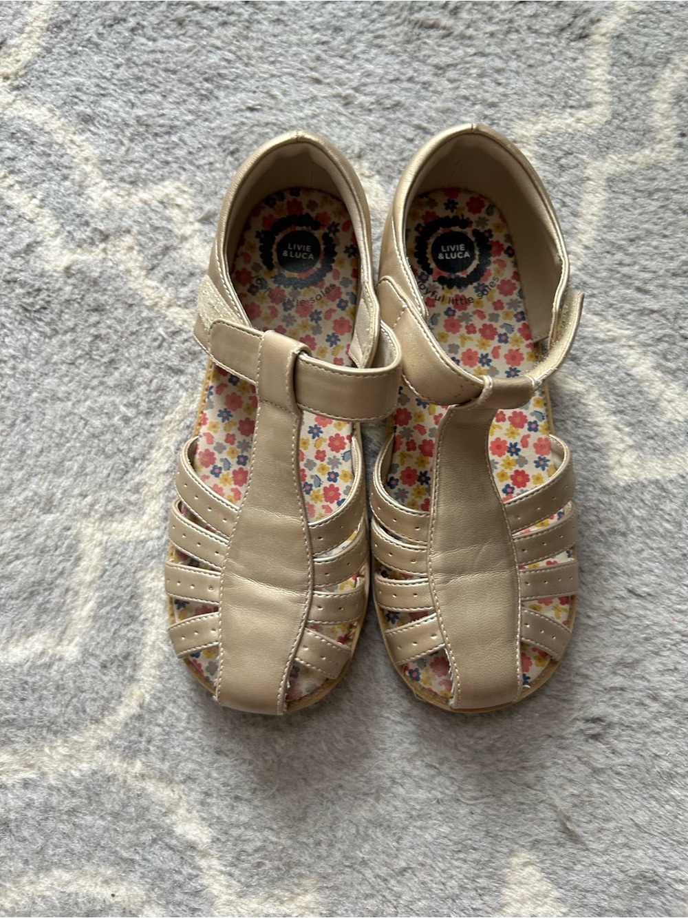Livie & Luca champagne T-Strap Floral-Insole Sandals